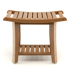 Front view of the brown two-tier shower bench with a slatted seat and shelf