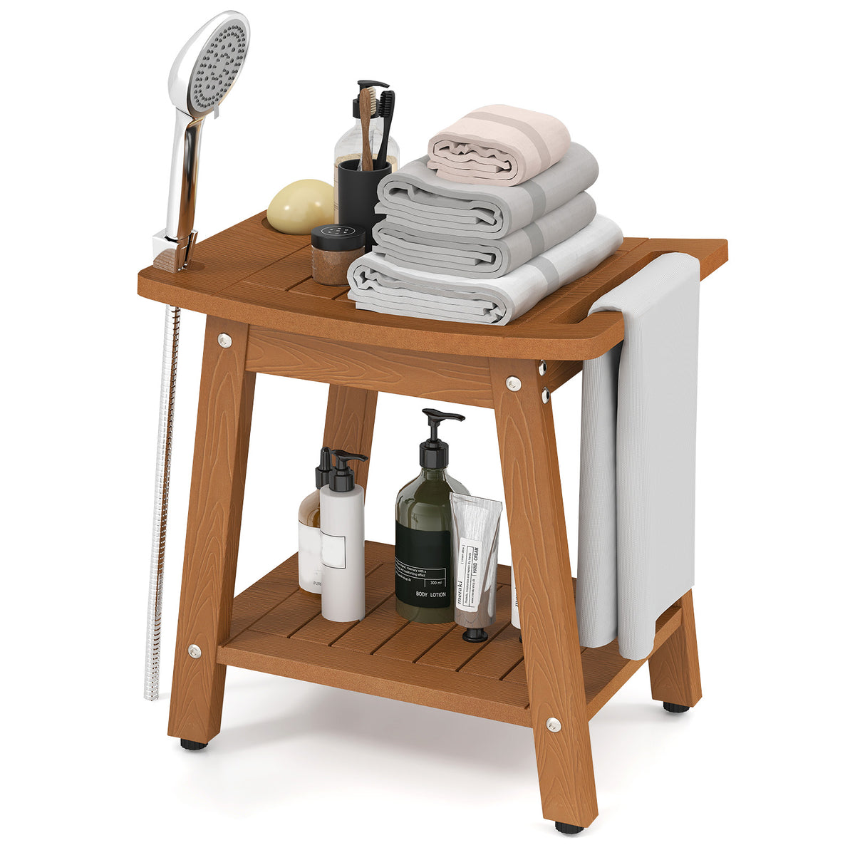 The shower stool with a handheld shower head attached to the side and items on the shelves