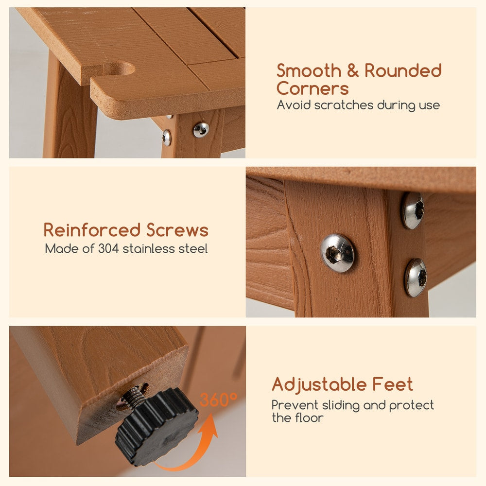 The shower stool highlighting rounded corners, metal screws and adjustable feet in close-up