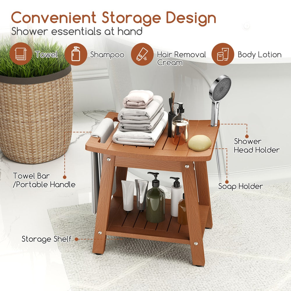 The bath safety bench with labels pointing to the towel bar, storage shelf and soap holder