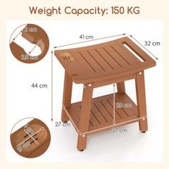 The bath safety bench showing dimensions and weight capacity with circular detail callouts