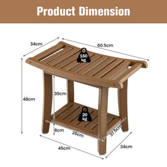 Diagram showing the dimensions of the brown two-tier shower bench