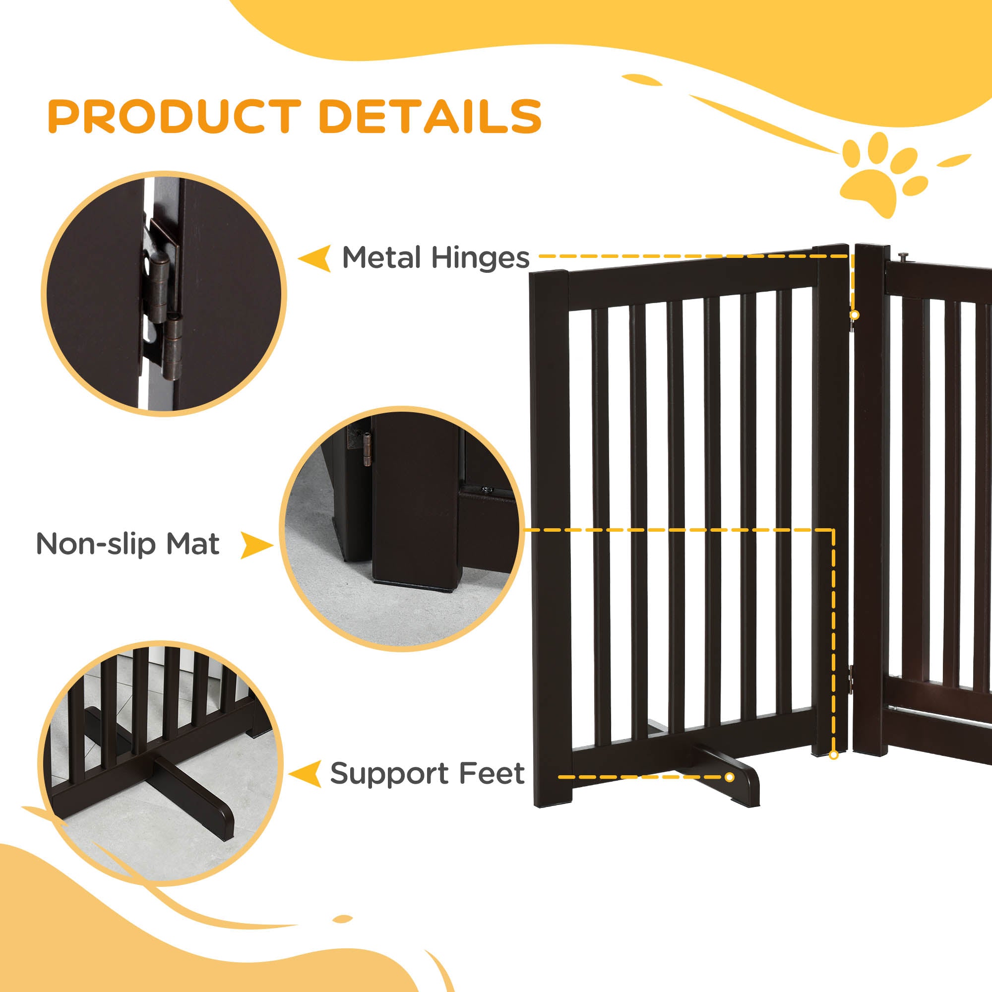 PawHut Freestanding Dog Gate, Foldable Pet Fence, Indoor Barrier, Stair Gate with Support Feet, 155 x 76 cm, Brown