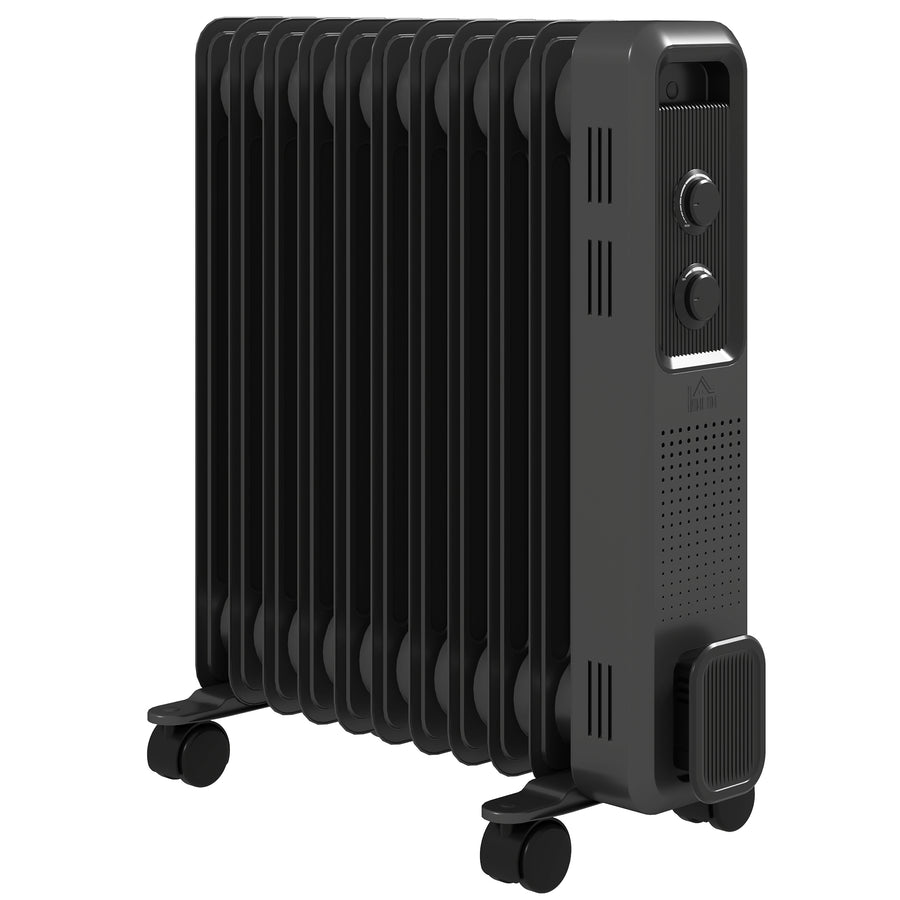 HOMCOM 2500W Oil Filled Radiator, 11 Fin, Portable Electric Heater with 3 Heat Settings, Safety Cut-Off and Wheels, Grey