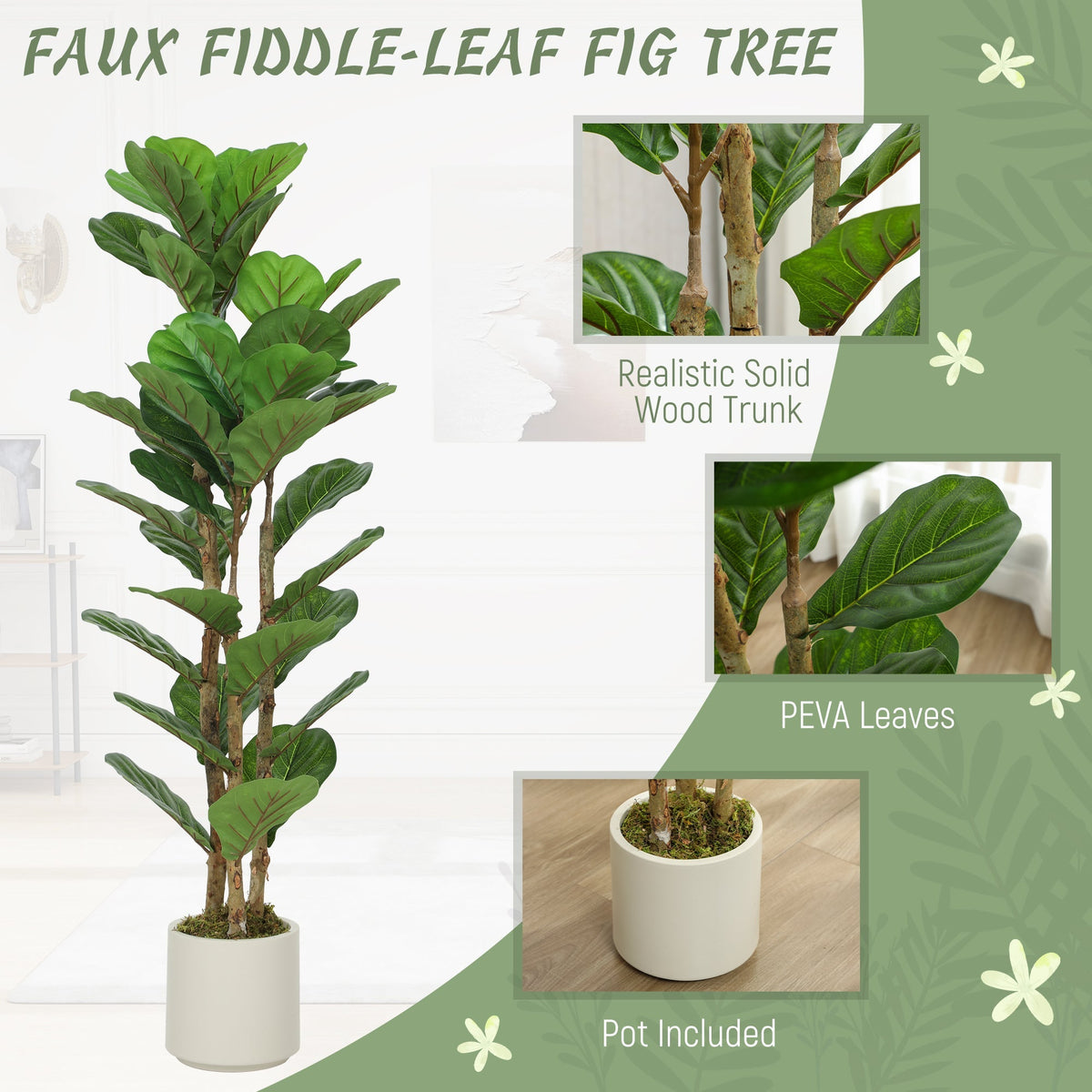 HOMCOM 120cm Set of 2 Artificial Fiddle Leaf Fig Trees - Green