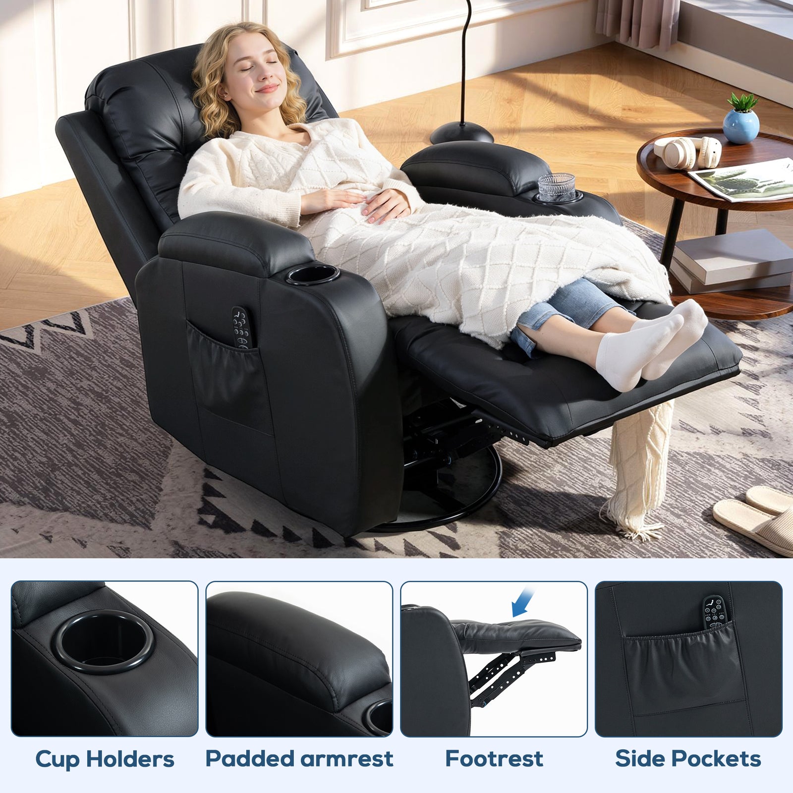 HOMCOM PU Leather Recliner Chair, Recliner Armchair with Extended Footrest, Cup Holders and Side Pockets, Black
