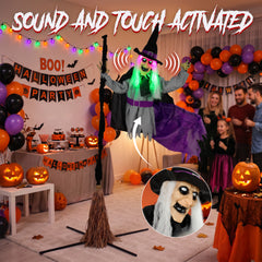 HOMCOM 200cm Life Size Animated Flying Witch Halloween Decorations Outdoor Indoor, Scary Halloween Animatronics Decor