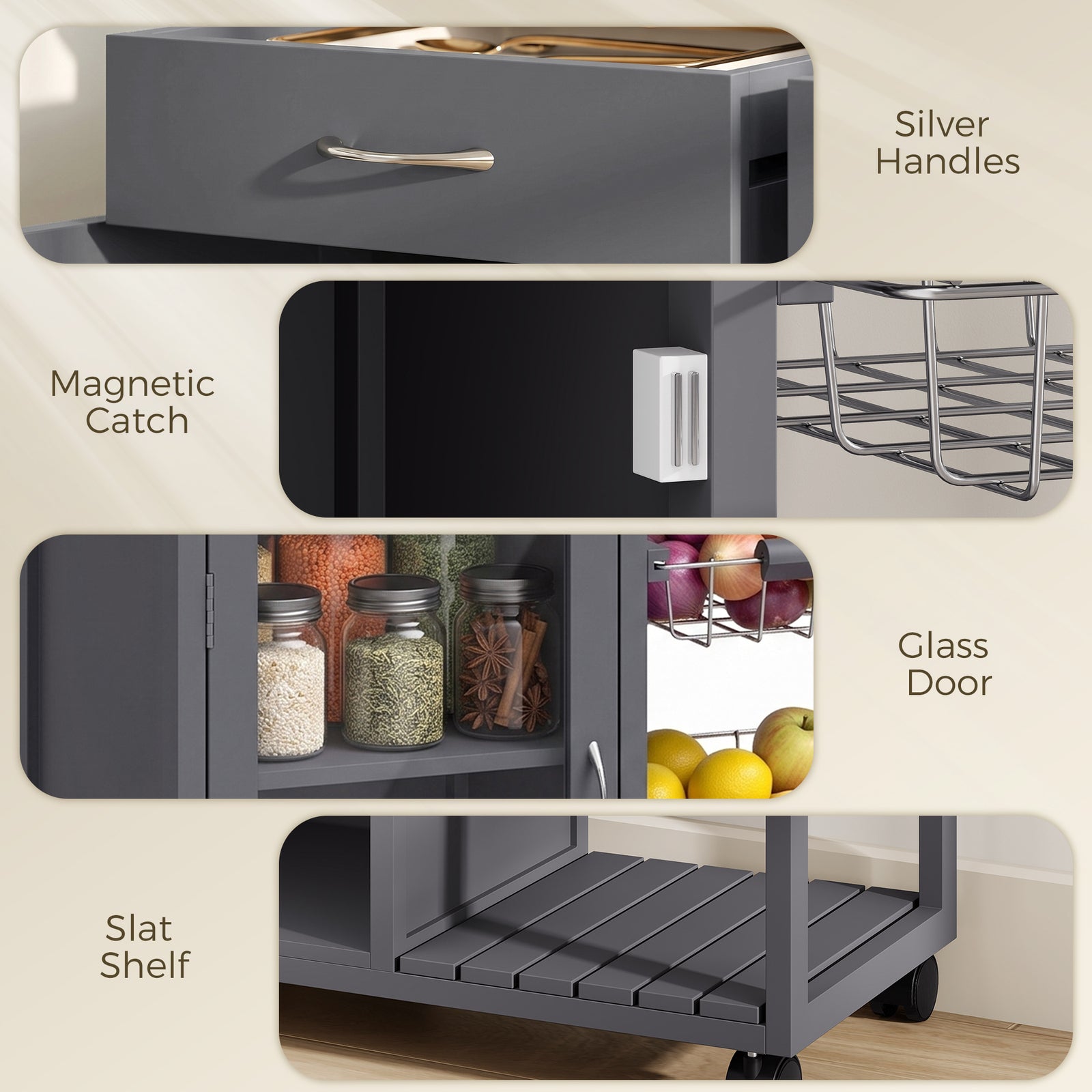HOMCOM Bamboo Kitchen Island, Rolling Kitchen Trolley with Glass Door, 2 Metal Wire Baskets and Adjustable Shelf, Grey