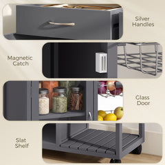 HOMCOM Bamboo Kitchen Island, Rolling Kitchen Trolley with Glass Door, 2 Metal Wire Baskets and Adjustable Shelf, Grey