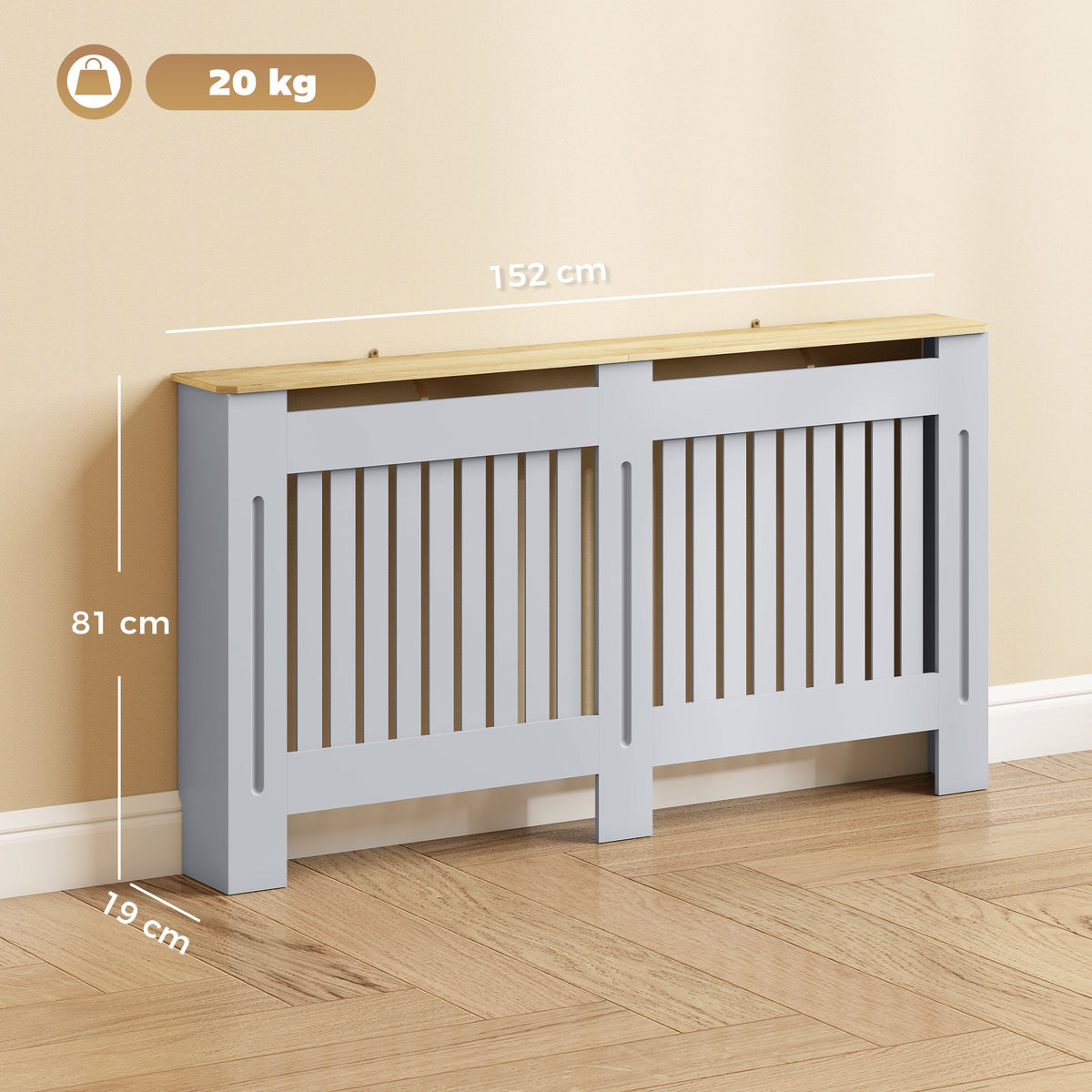 HOMCOM Slatted Radiator Cover, Painted Cabinet with Line Grill Design, 152L × 19W × 81H cm, Grey
