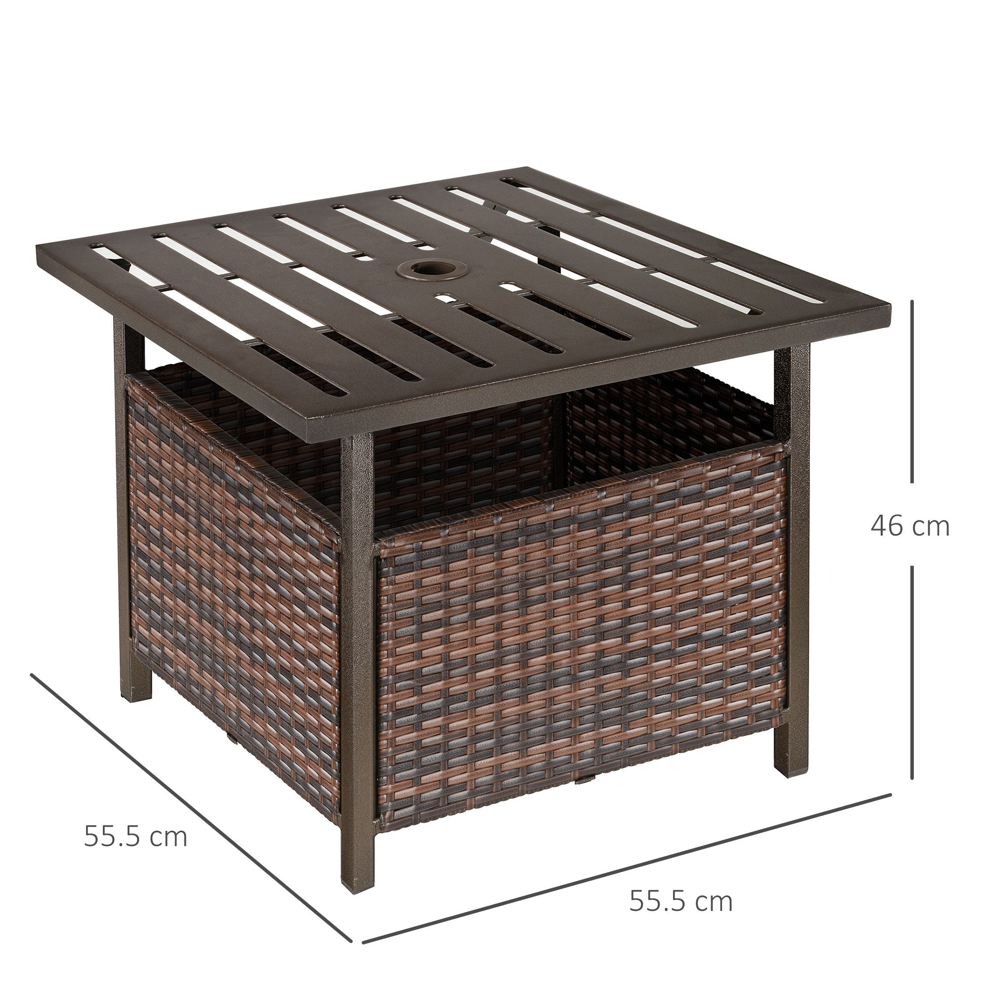 Outsunny Rattan Garden Coffee Table, 55.5 cm Square Wicker Patio Side Coffee Table with 4 cm Umbrella Hole, Metal Bottom and Slatted Top for Outdoor, Balcony, Brown