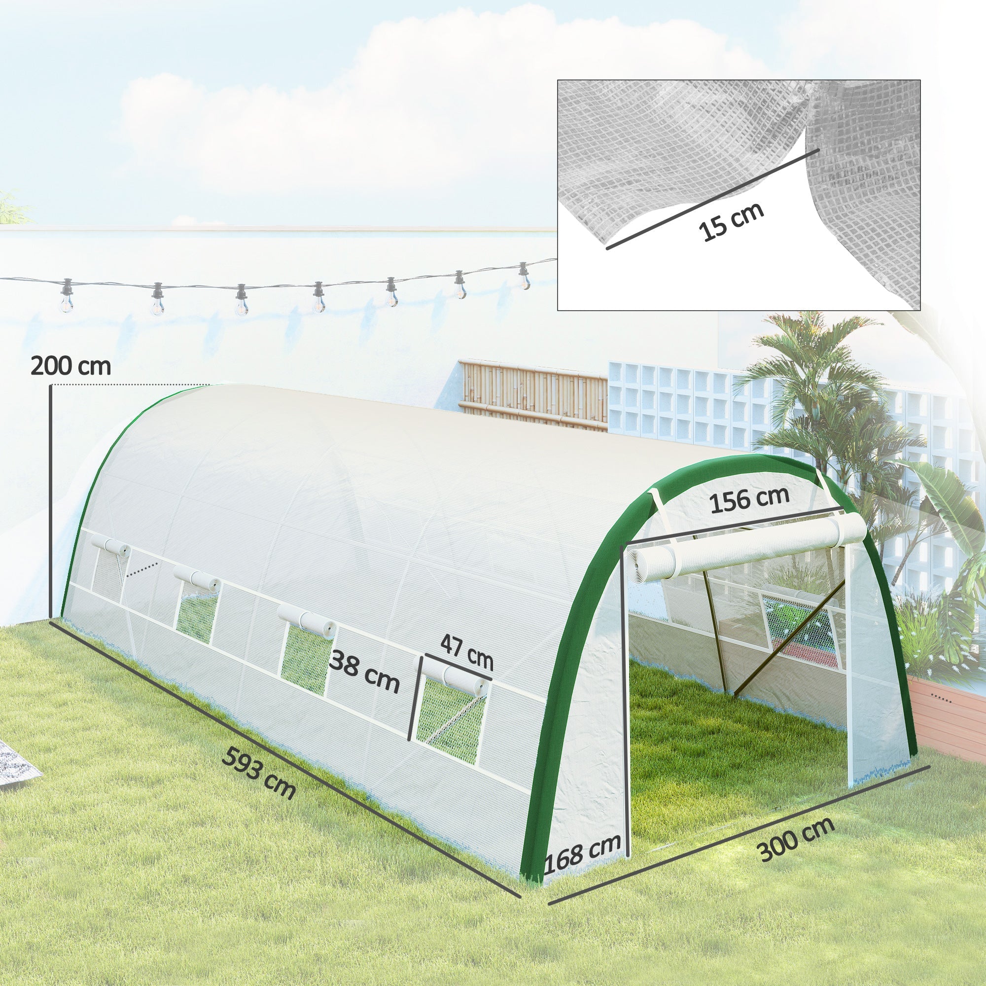 Outsunny Walk-in Polytunnel Greenhouse Tunnel Warm House Tent with Zipped Doors, 8 Mesh Windows, PE Cover, 6 x 3 m, White