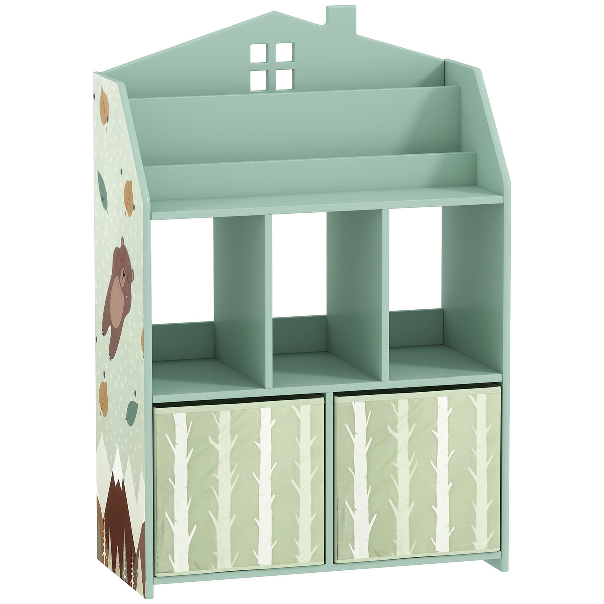 AIYAPLAY Kids Bookshelf with Storage, Toy Storage Unit with Book Display, Shelves and Fabric Drawers for Playroom Nursery, Green