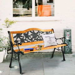 Weatherproof Garden Bench with Iron Structure and Solid Wood Slats Seat