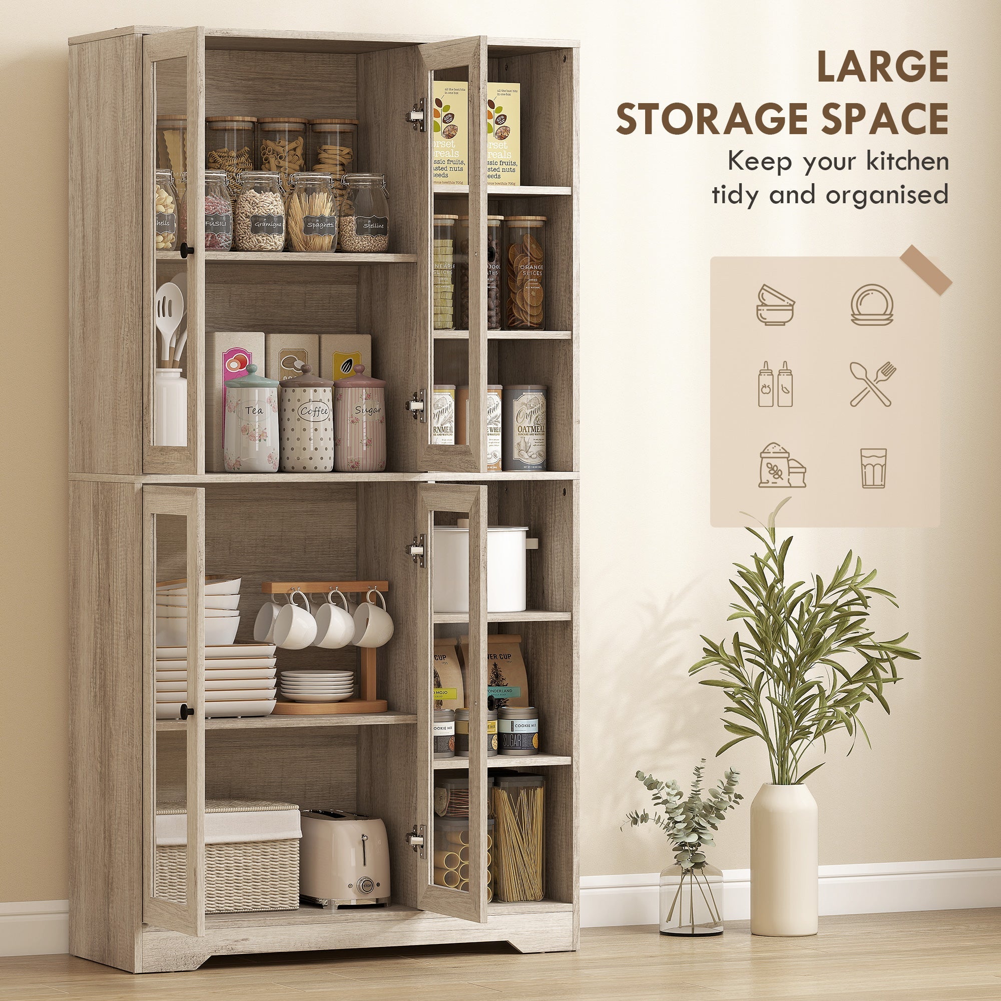 HOMCOM Multi-Storage Kitchen Cabinet, with Glass Doors - Grey Wood-Effect