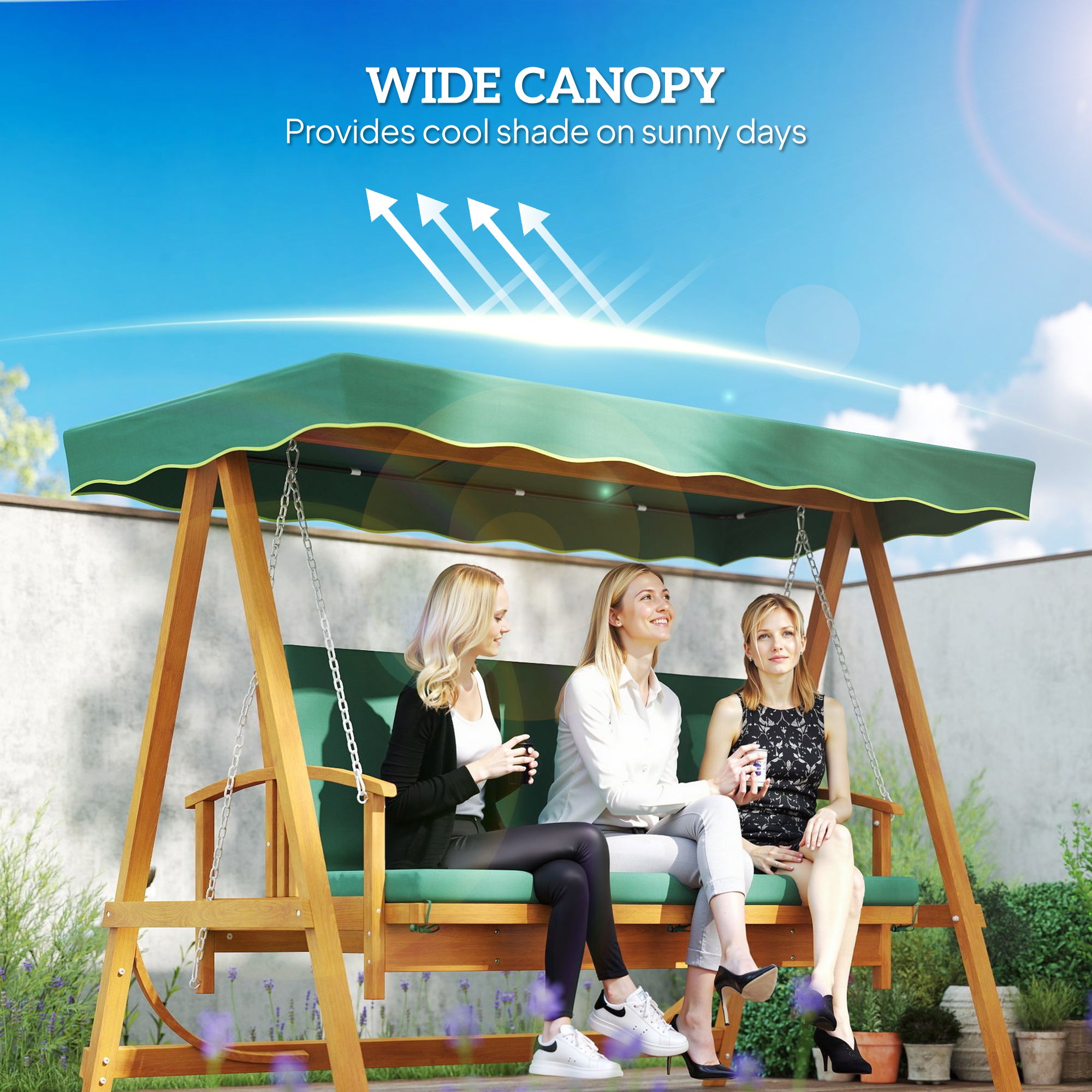 Outsunny 3 Seater 2-in-1 Wooden Garden Swing Seat Swing Chair Outdoor Convertible Hammock Bench Furniture Lounger Bed Wood, Dark Green