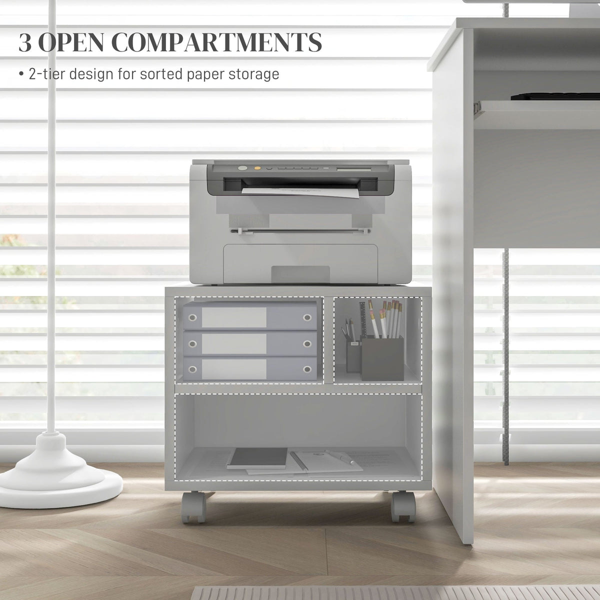 HOMCOM Three-Compartment Printer Cabinet, with Wheels - White