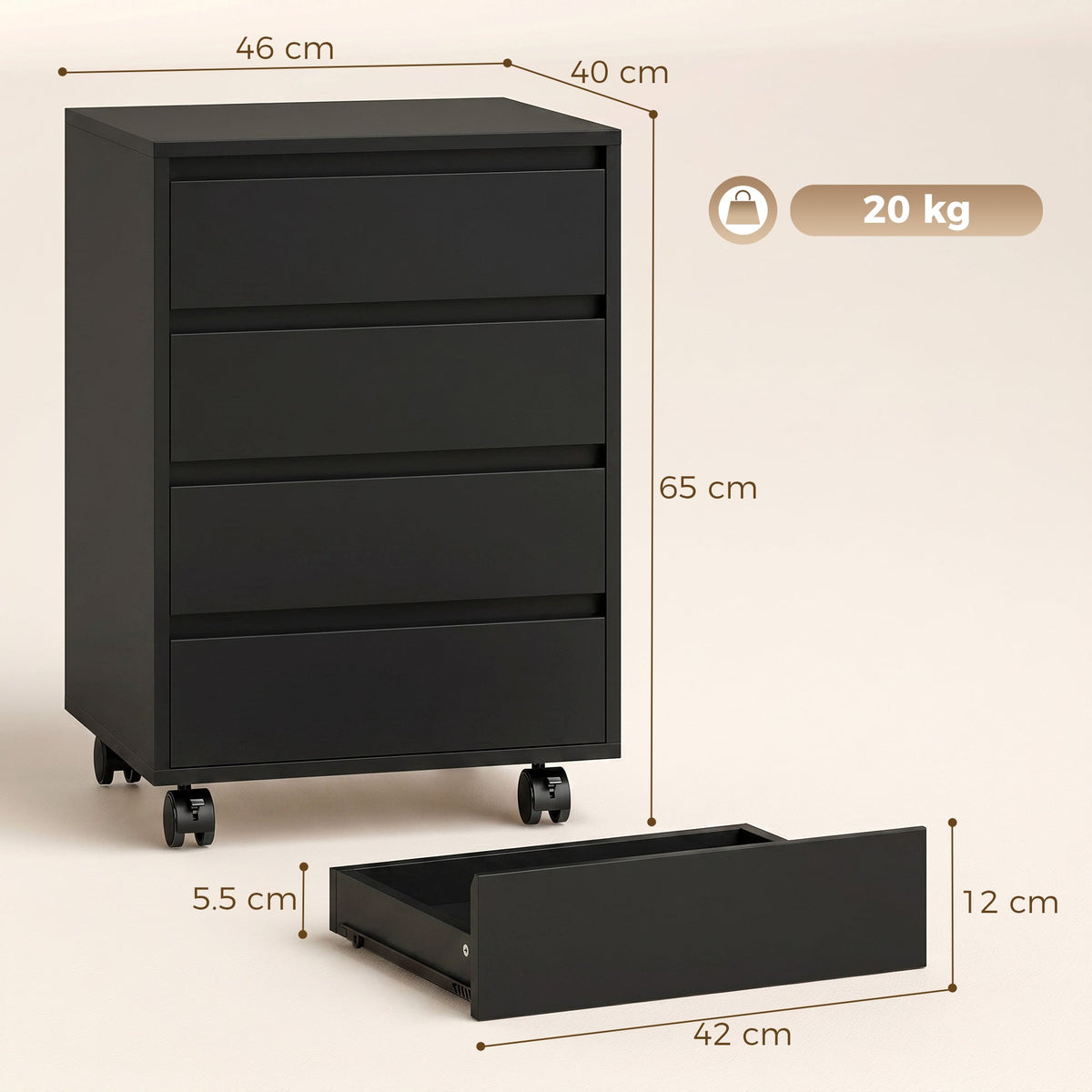 HOMCOM Four-Drawer Office Filing Cabinet, with Wheels - Black