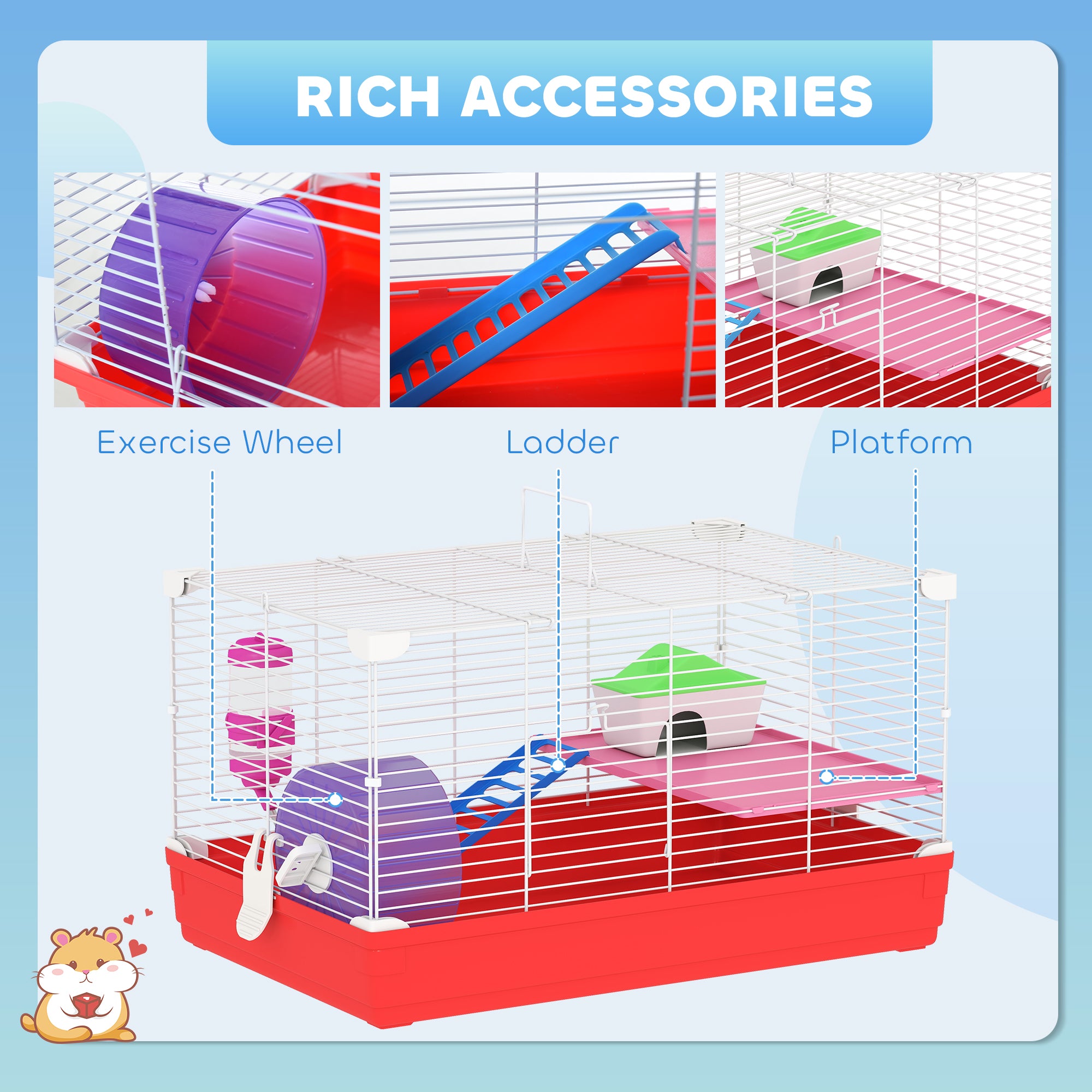 PawHut Hamster Cage, Small Gerbil Cage 2 Tiers Portable w/ Handle, Exercise Wheel, Water Bottle, Dishes