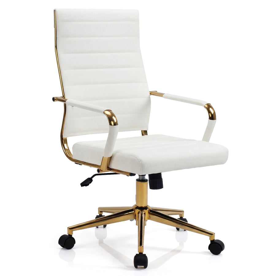 White Gold Office Chair with Ribbed PU Leather & Adjustable Backrest for Indoor-White