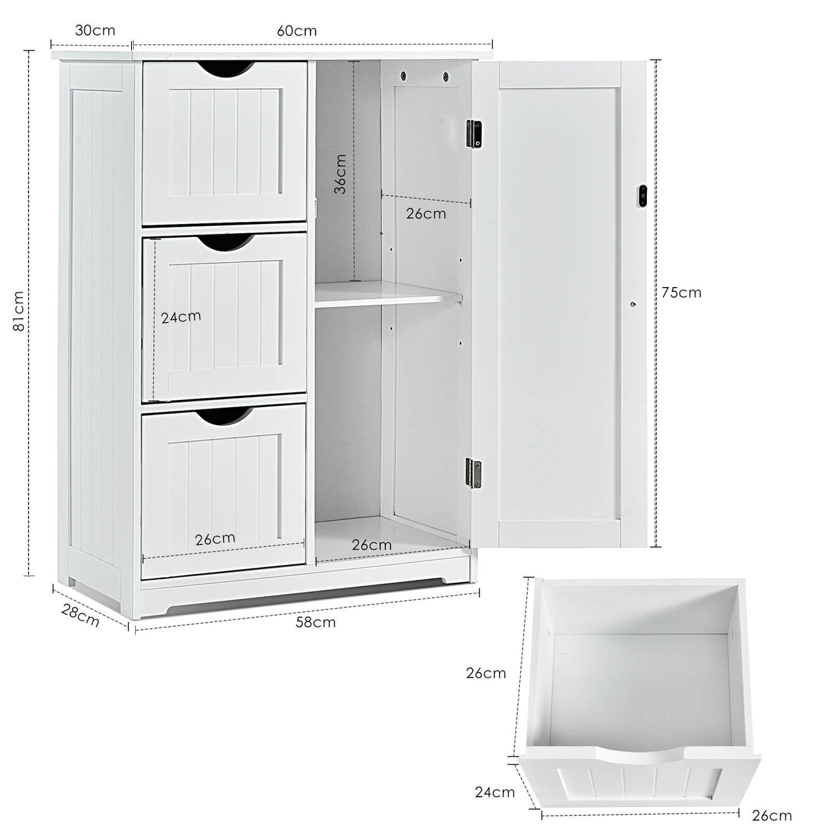 1-Door Freestanding Bathroom Cabinet with 3 Drawers-White