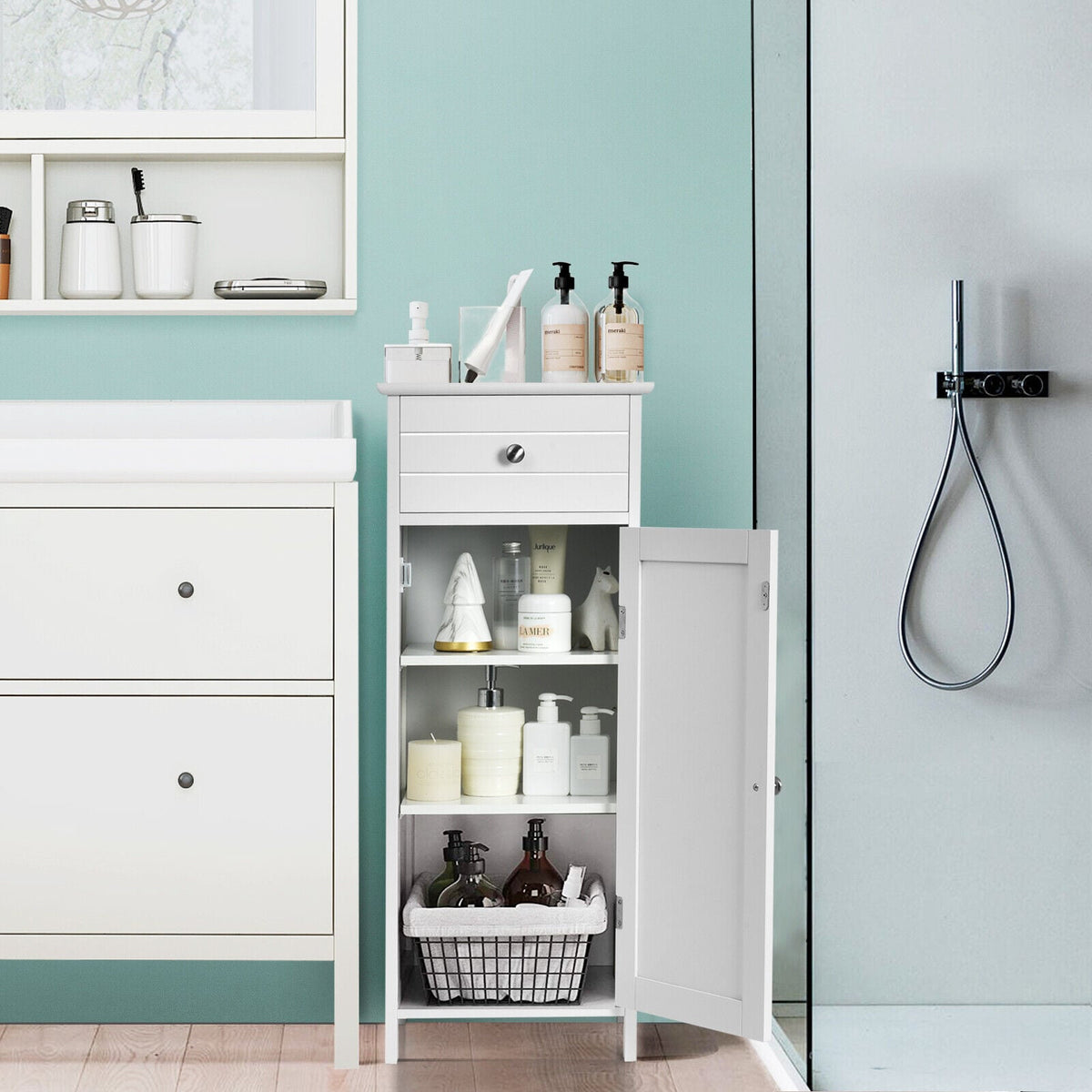 1-Door Freestanding Bathroom Storage Cabinet with Drawer and Adjustable Shelves-White