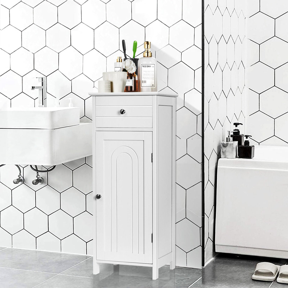1-Door Freestanding Bathroom Storage Cabinet with Drawer and Adjustable Shelves-White
