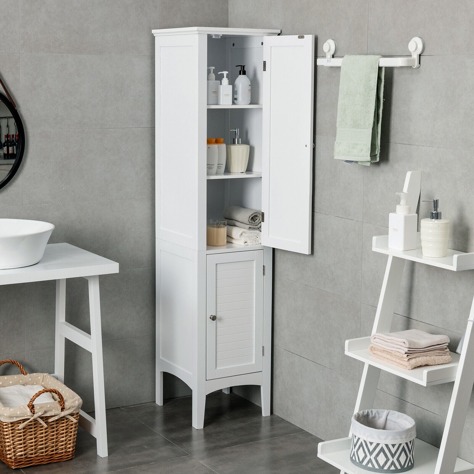 2-Door 160cm High Freestanding Bathroom Cabinet with 5-Tier Shelves-White