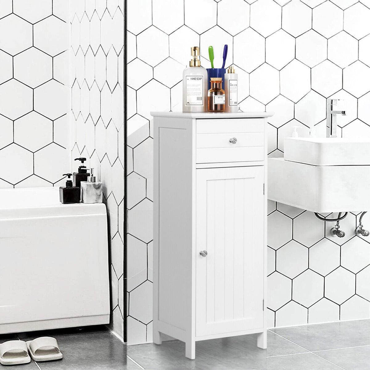3-Tier Free-Standing Bathroom Cabinet with Drawer-White