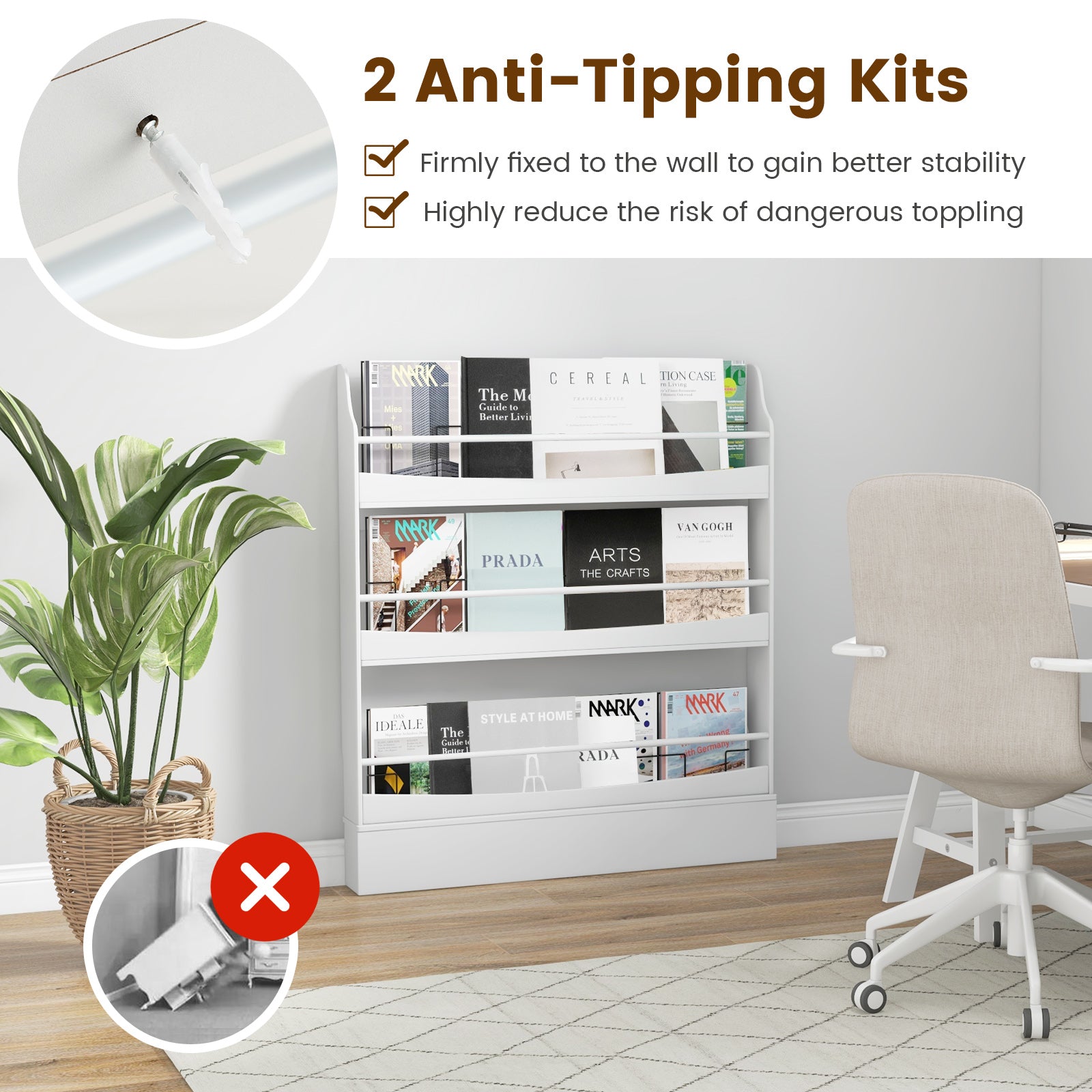 3-Tier Standing Bookshelf with 2 Anti-Tipping Kits and Guardrails-White