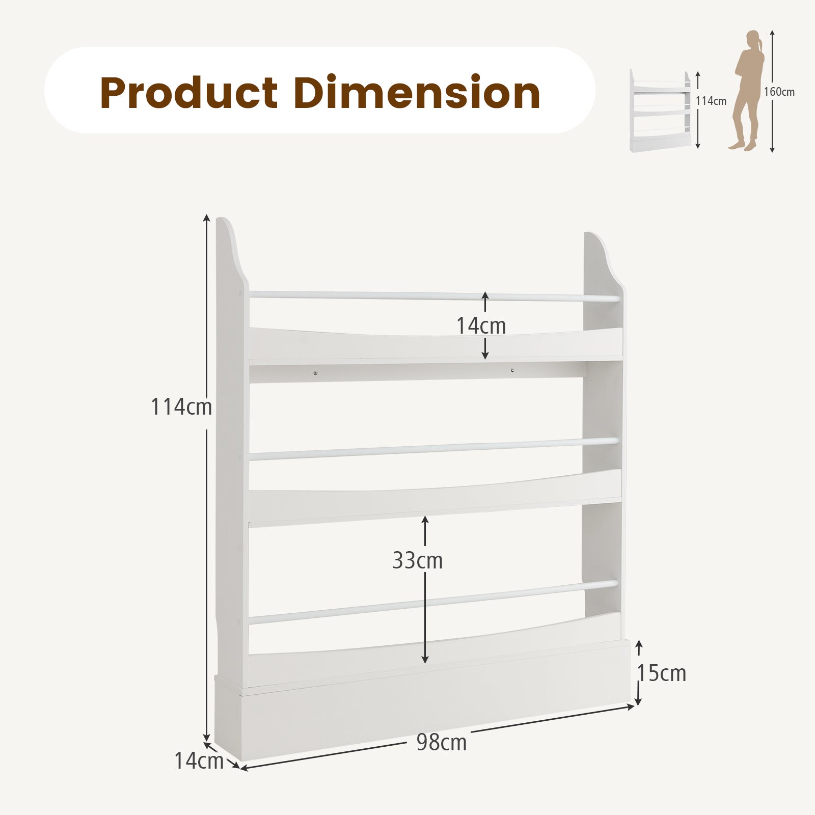 3-Tier Standing Bookshelf with 2 Anti-Tipping Kits and Guardrails-White