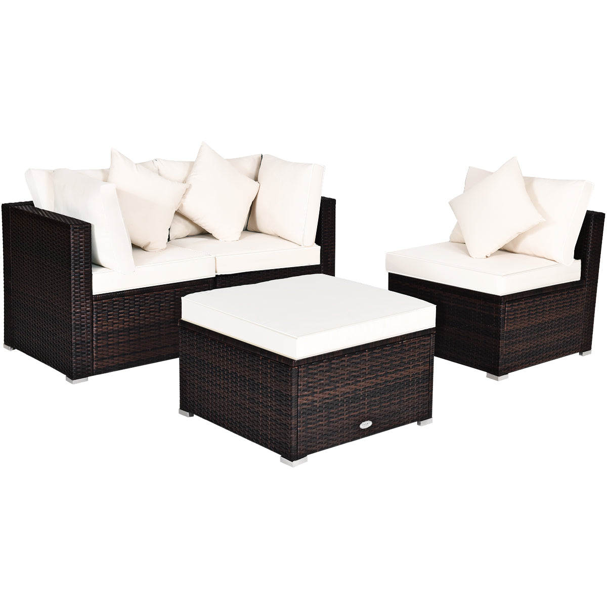4 Pieces Outdoor Rattan Conversation Set with Removable Cushions and Pillows-White