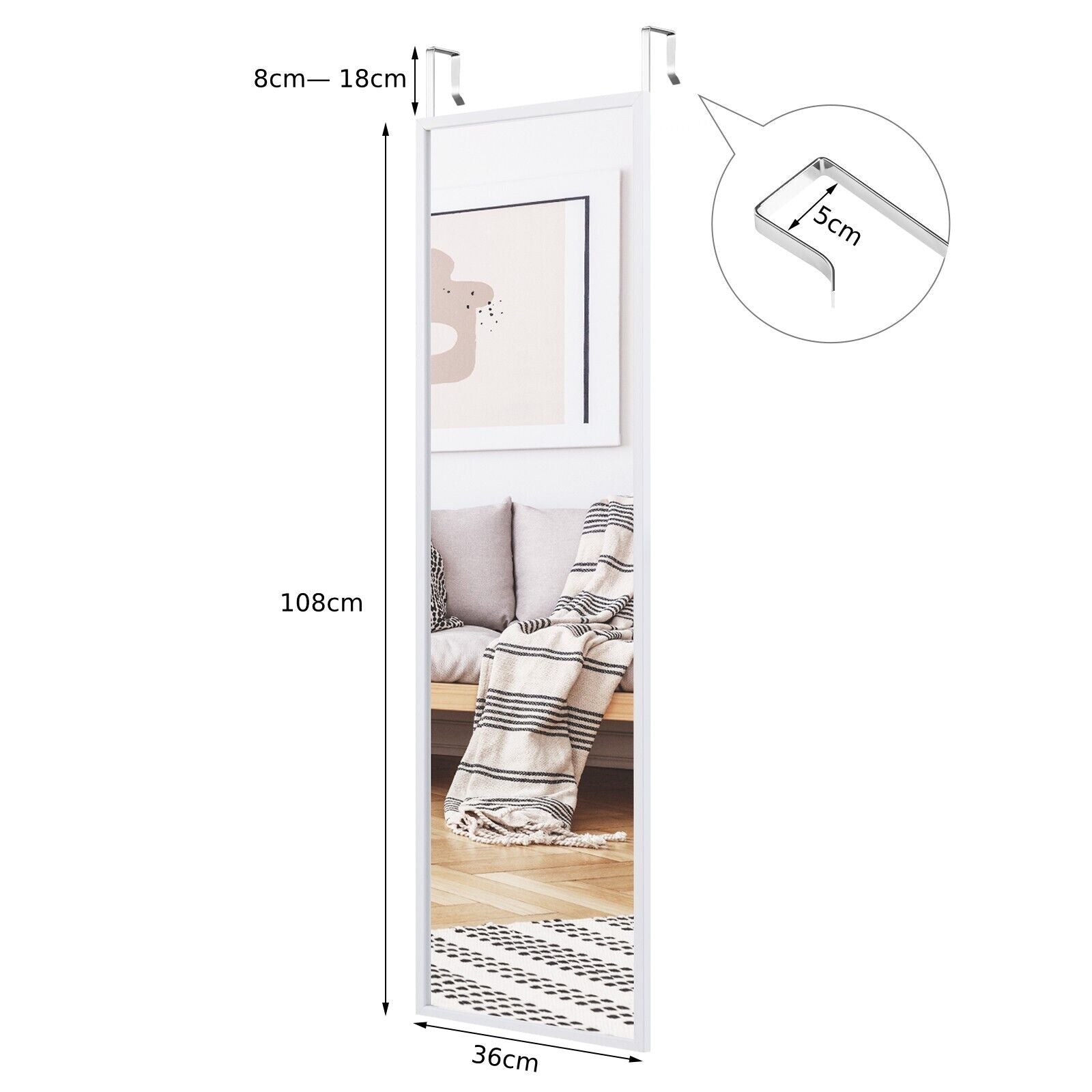 Full Length Wall-Mounted Mirror with Height Adjusting Hooks-White