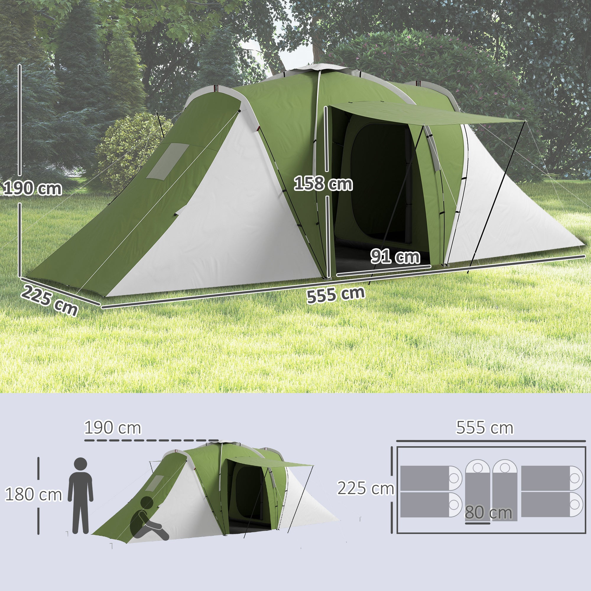 Outsunny Large Camping Tent Tunnel Tent with 2 Bedroom and Living Area, 2000mm Waterproof, Portable with Bag for 4-6 Man, Green