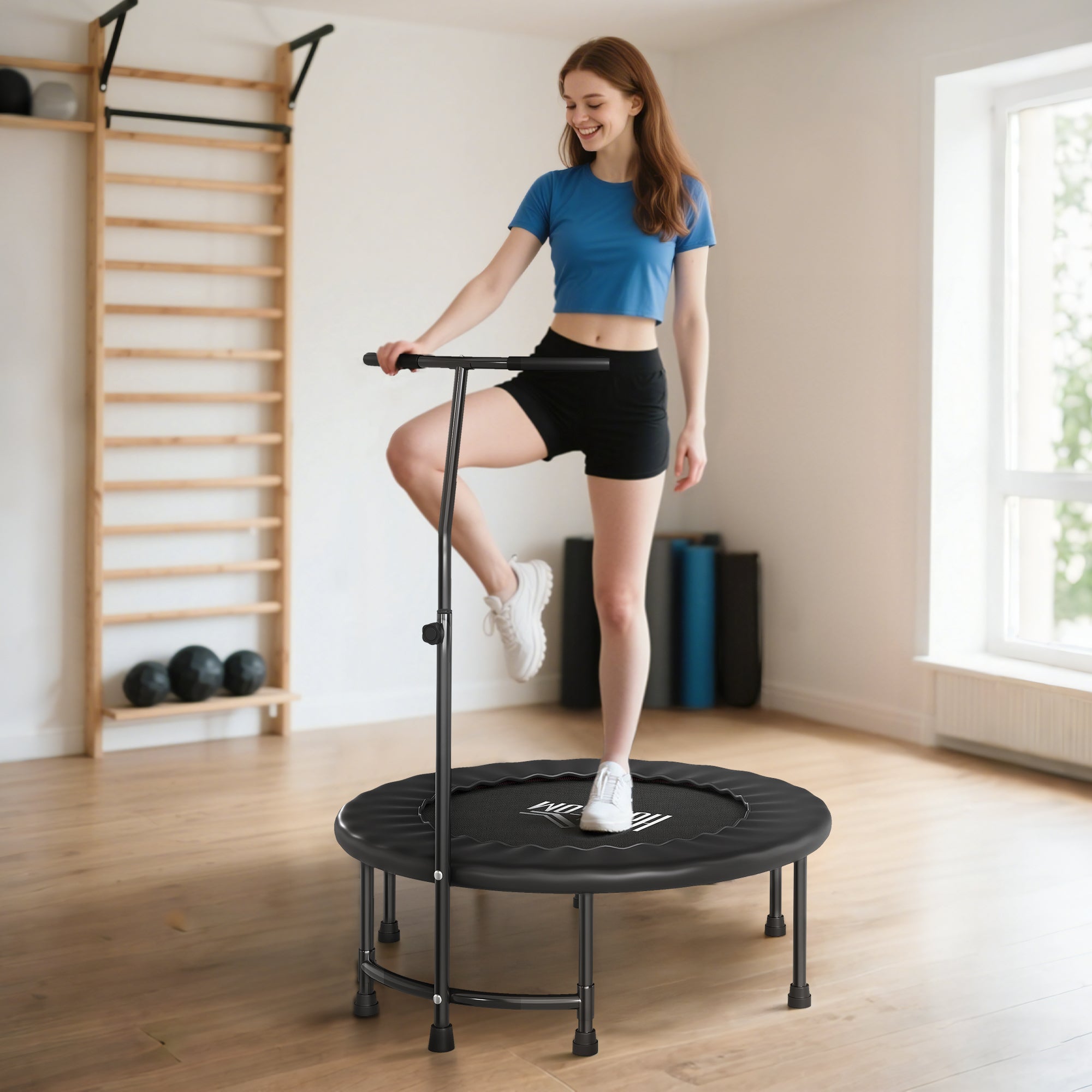 HOMCOM 40" Fitness Trampoline with Adjustable Handle, Rebounder Trampoline, Mini Jumper for Indoor Exercise Workout, Black
