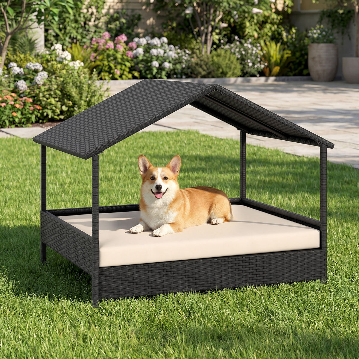 Wicker Dog House Outdoor Indoor with Canopy up to 60kg-Beige