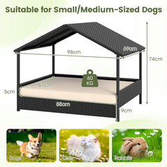 Wicker Dog House Outdoor Indoor with Canopy up to 60kg-Beige