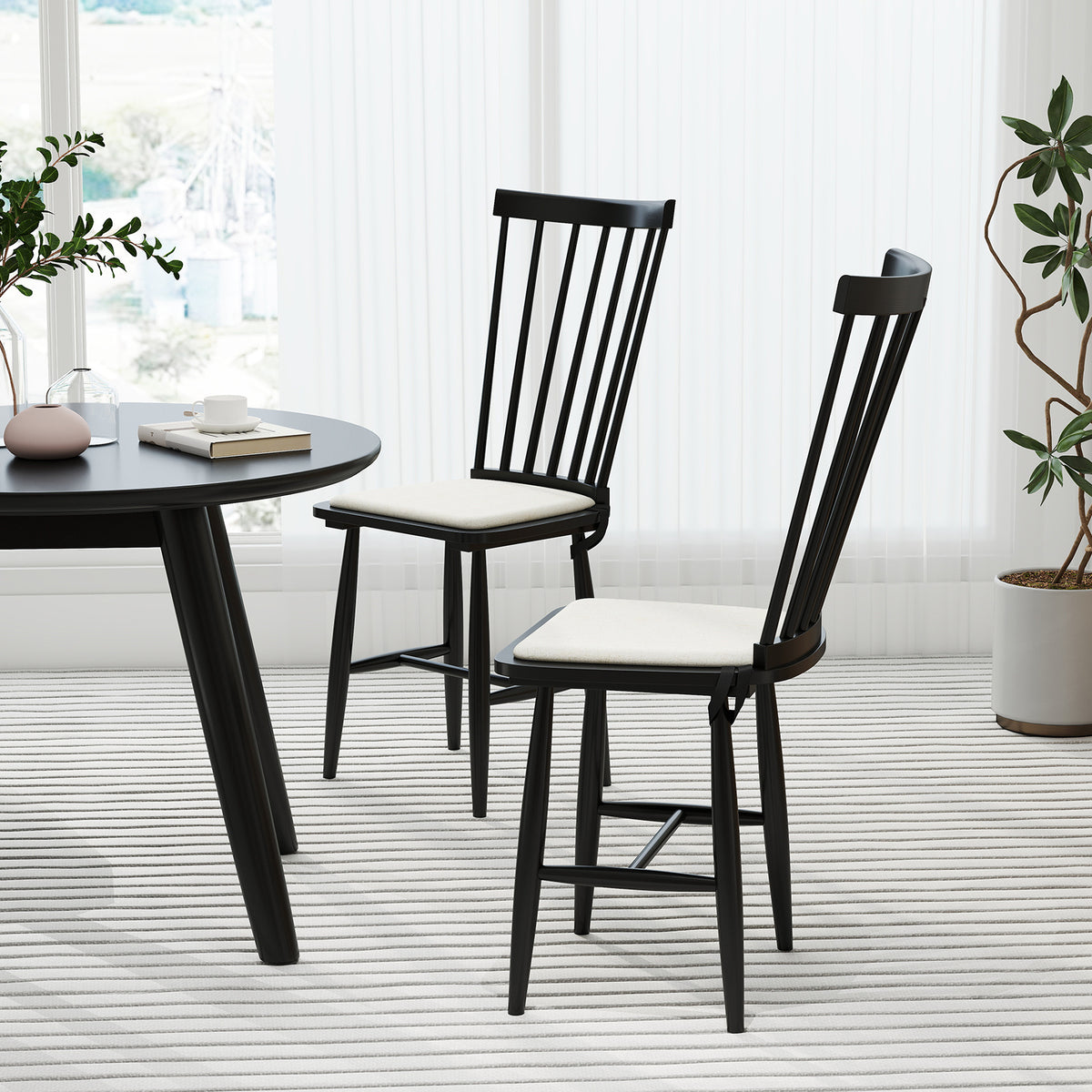 Windsor Dining Chair Set of 2 with Spindle Back for Kitchen and Restaurant-Black