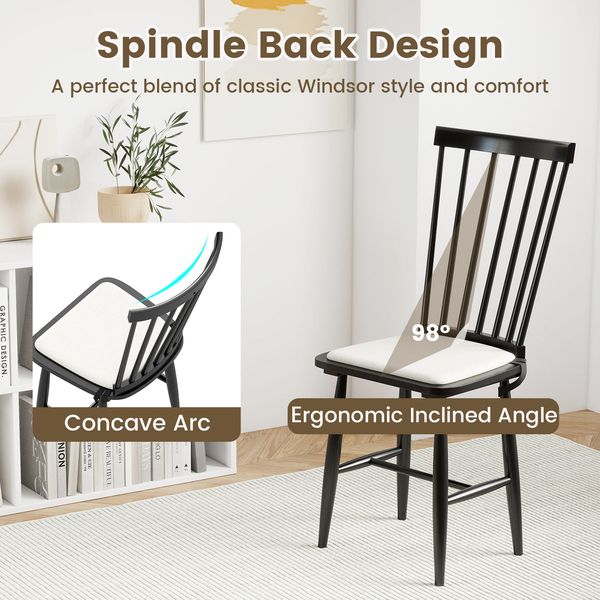 Windsor Dining Chair Set of 2 with Spindle Back for Kitchen and Restaurant-Black