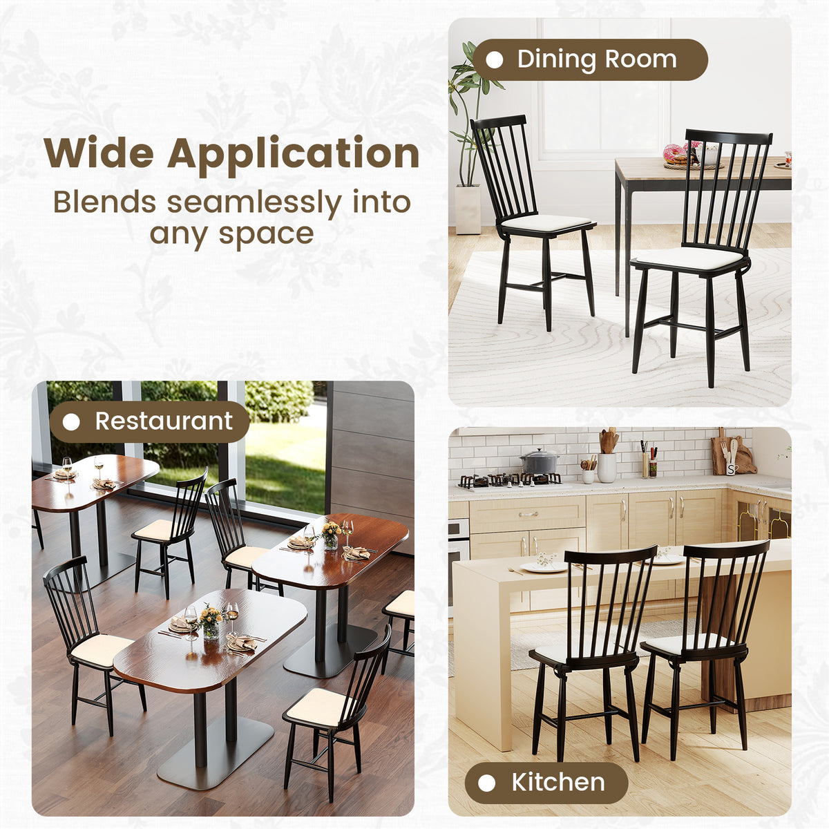 Windsor Dining Chair Set of 2 with Spindle Back for Kitchen and Restaurant-Black