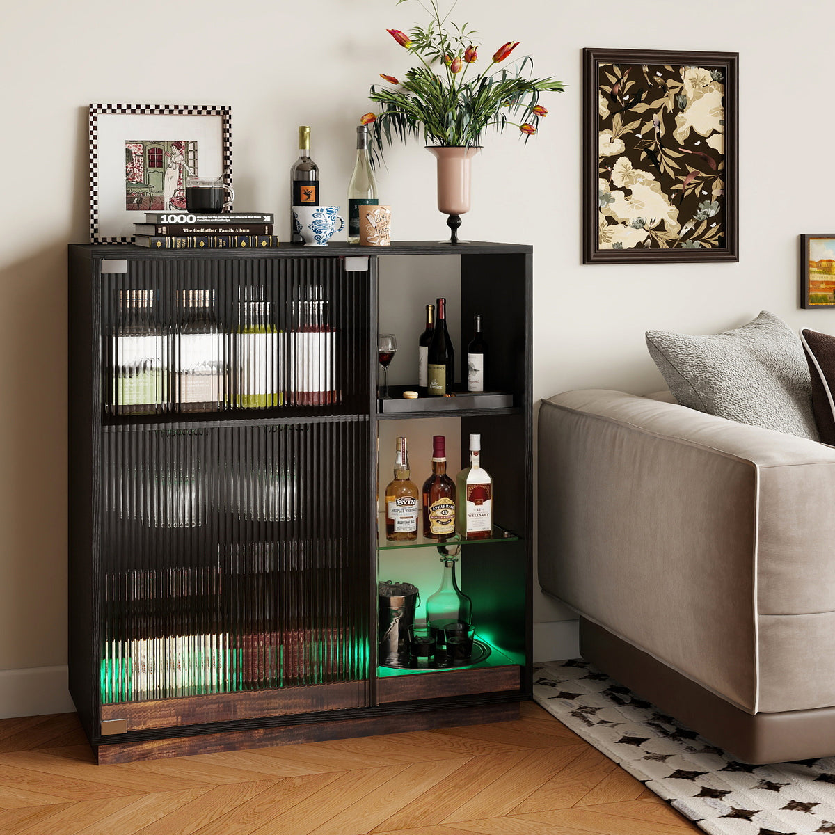 Wine Bar Cabinet with LED Lights & Glass Racks for Living Room Dining Room-Black