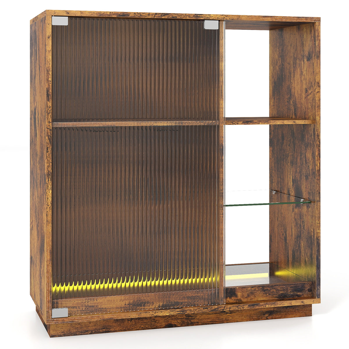 Wine Bar Cabinet with LED Lights & Glass Racks for Living Room Dining Room-Rustic Bown