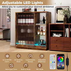 Wine Bar Cabinet with LED Lights & Glass Racks for Living Room Dining Room-Rustic Bown