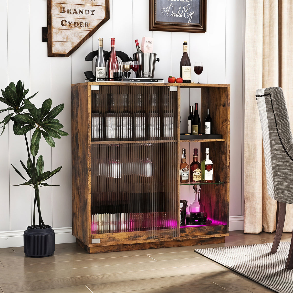 Wine Bar Cabinet with LED Lights & Glass Racks for Living Room Dining Room-Rustic Bown