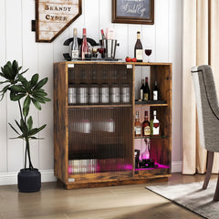Wine Bar Cabinet with LED Lights & Glass Racks for Living Room Dining Room-Rustic Bown