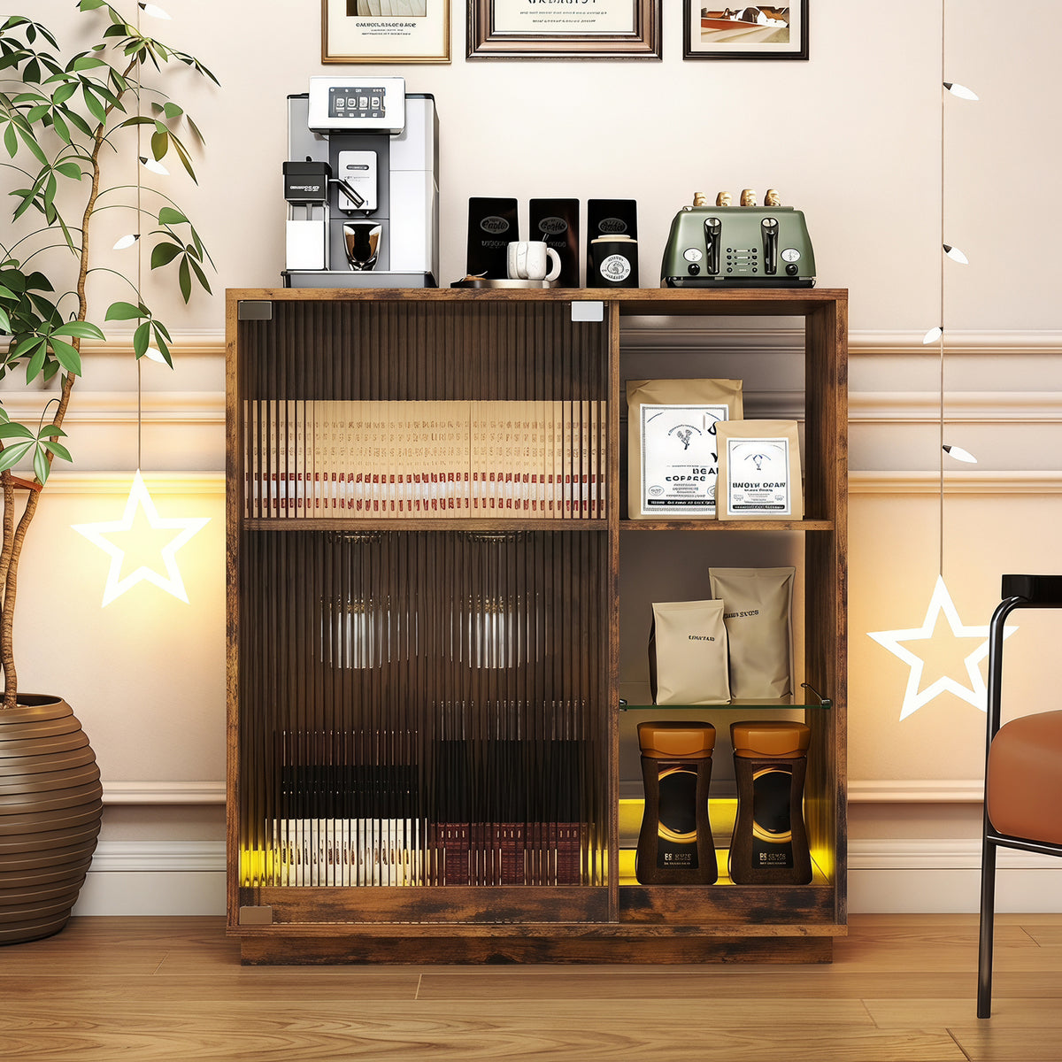 Wine Bar Cabinet with LED Lights & Glass Racks for Living Room Dining Room-Rustic Bown