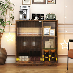Wine Bar Cabinet with LED Lights & Glass Racks for Living Room Dining Room-Rustic Bown
