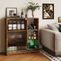 Wine Bar Cabinet with LED Lights & Glass Racks for Living Room Dining Room-Rustic Bown