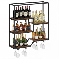 Wine Rack Wall Mounted 5-Tier Wine Bottle Display Shelf with 4 Wine Glass Holders-Rustic Brown