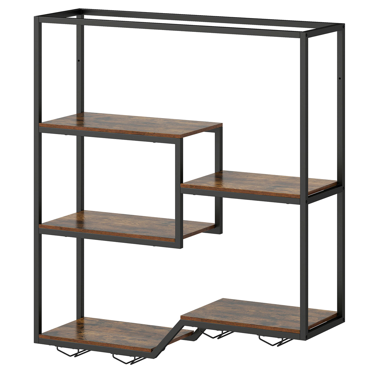 Wine Rack Wall Mounted 5-Tier Wine Bottle Display Shelf with 4 Wine Glass Holders-Rustic Brown